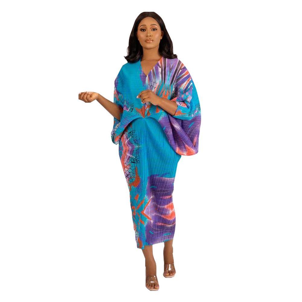 N10263 Independent Station 2025 African European American Women's V-neck Batwing Sleeve Pleated Print Dress - Double Wearable on Both Sides Geometric Pattern Gradient Color Elements Elegant Style