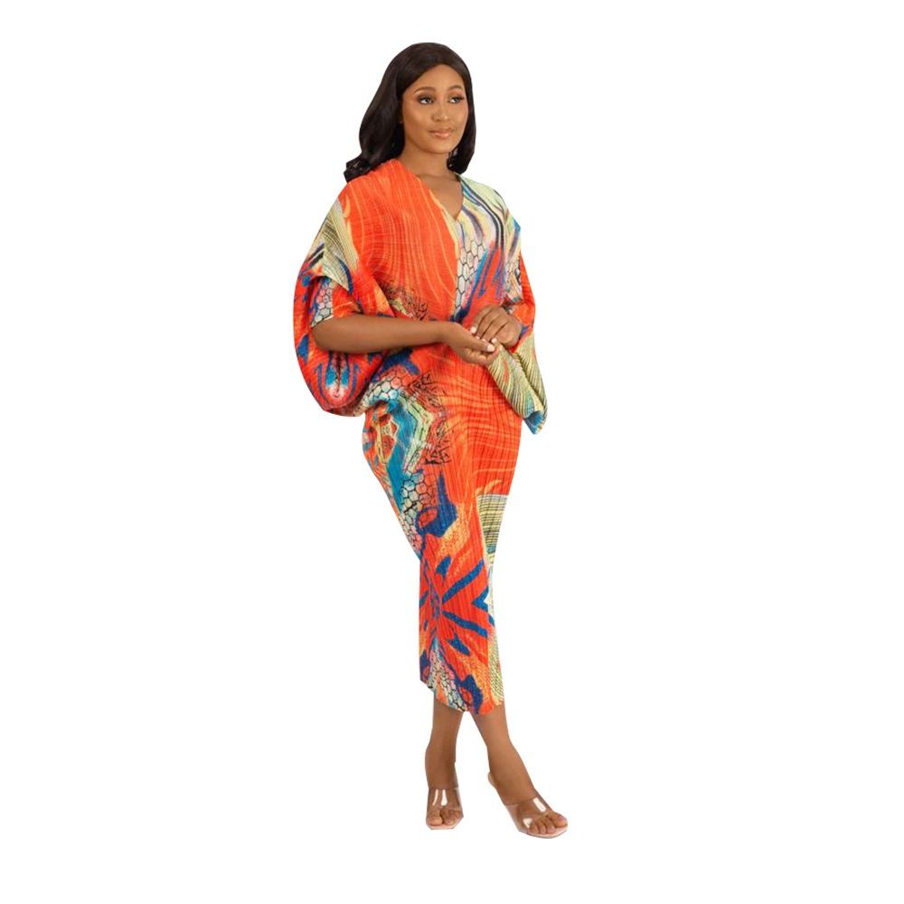 N10263 Independent Station 2025 African European American Women's V-neck Batwing Sleeve Pleated Print Dress - Double Wearable on Both Sides Geometric Pattern Gradient Color Elements Elegant Style