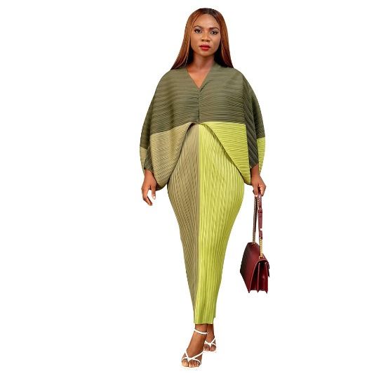 N10263 Independent Station 2025 African European American Women's V-neck Batwing Sleeve Pleated Print Dress - Double Wearable on Both Sides Geometric Pattern Gradient Color Elements Elegant Style