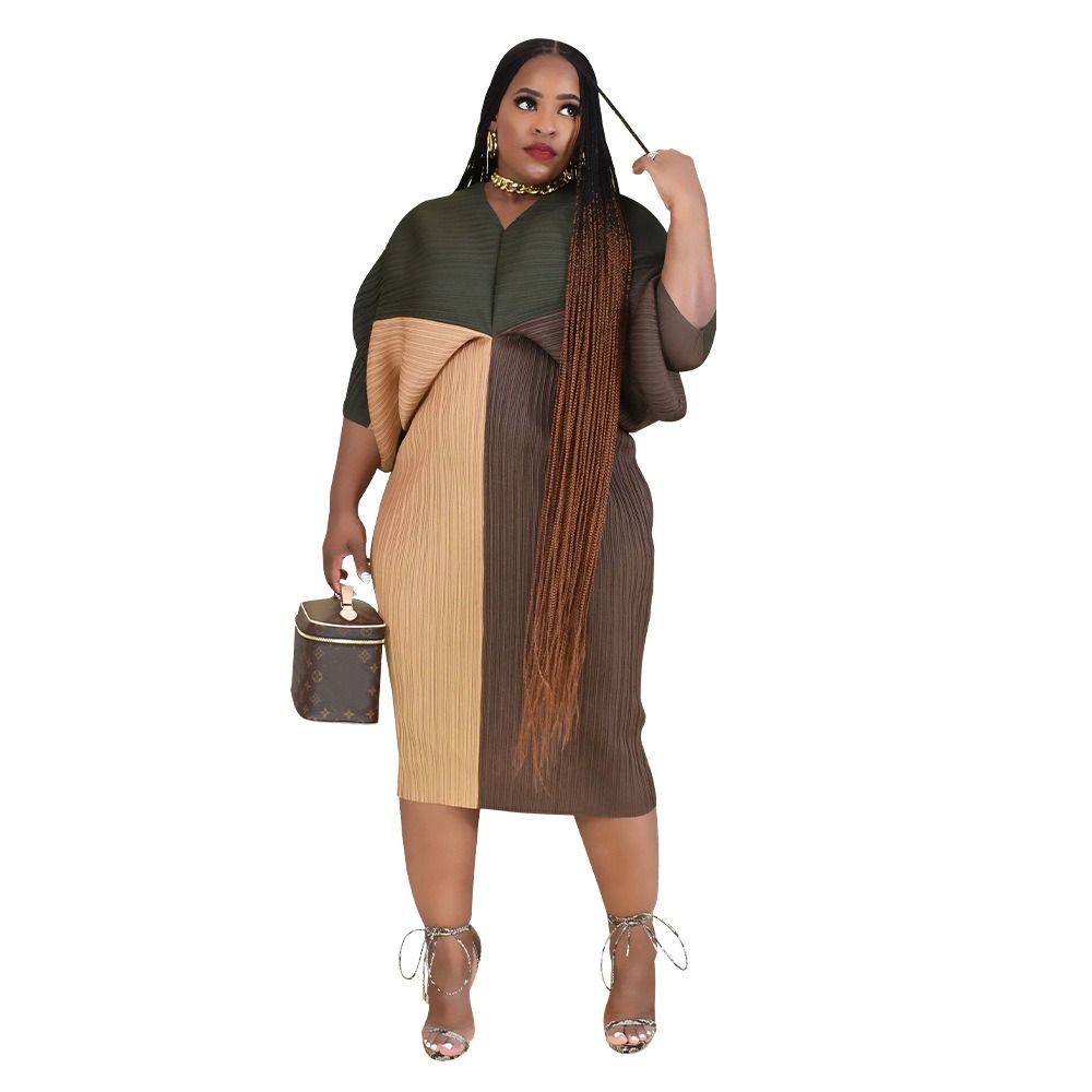 N10263 Independent Station 2025 African European American Women's V-neck Batwing Sleeve Pleated Print Dress - Double Wearable on Both Sides Geometric Pattern Gradient Color Elements Elegant Style