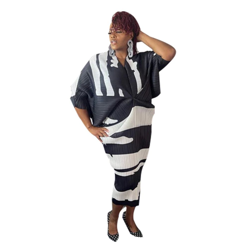 N10263 Independent Station 2025 African European American Women's V-neck Batwing Sleeve Pleated Print Dress - Double Wearable on Both Sides Geometric Pattern Gradient Color Elements Elegant Style