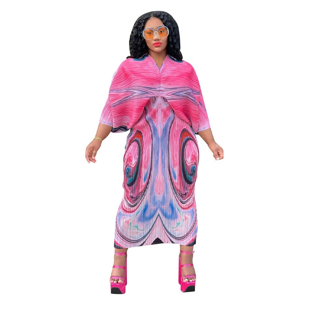N10263 Independent Station 2025 African European American Women's V-neck Batwing Sleeve Pleated Print Dress - Double Wearable on Both Sides Geometric Pattern Gradient Color Elements Elegant Style