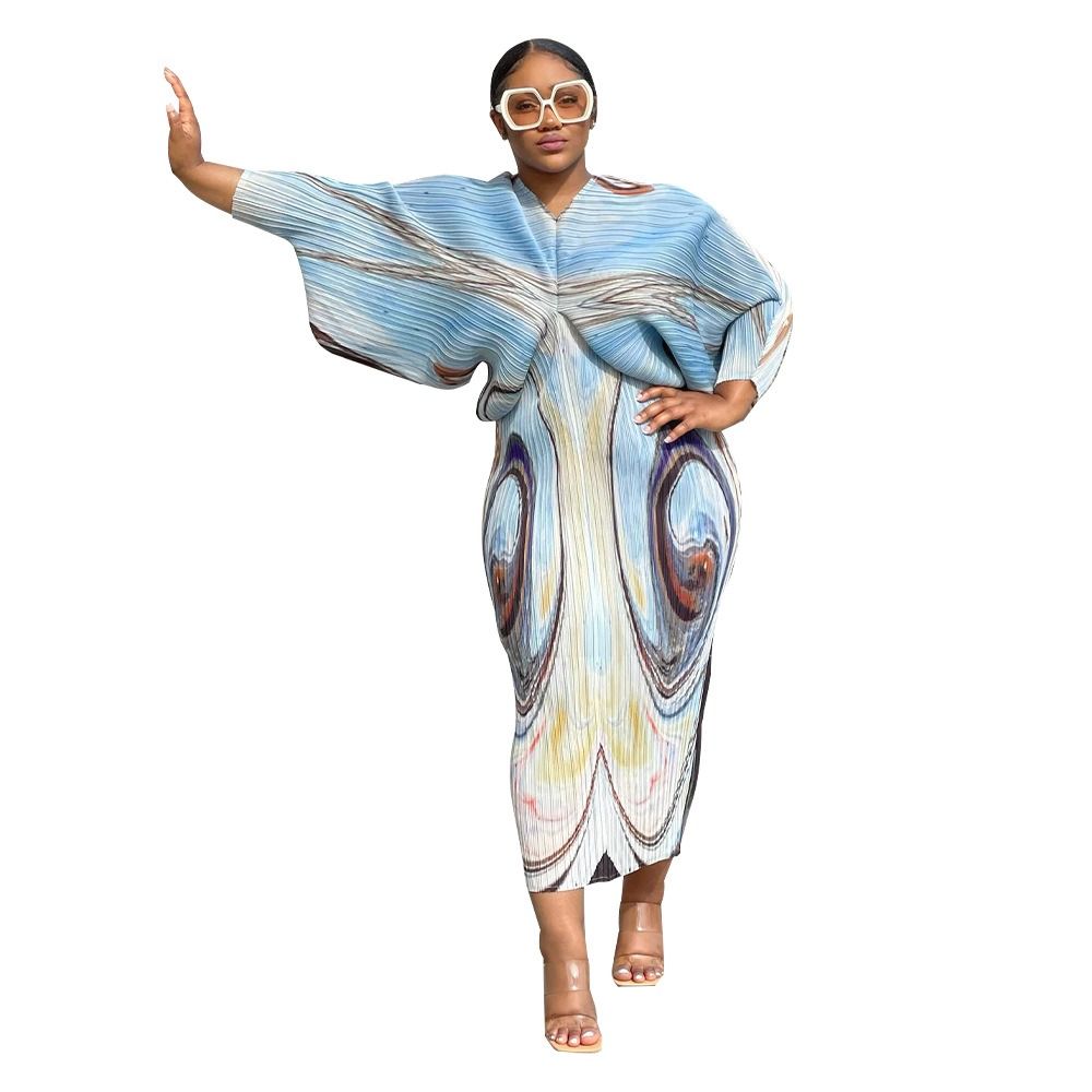 N10263 Independent Station 2025 African European American Women's V-neck Batwing Sleeve Pleated Print Dress - Double Wearable on Both Sides Geometric Pattern Gradient Color Elements Elegant Style