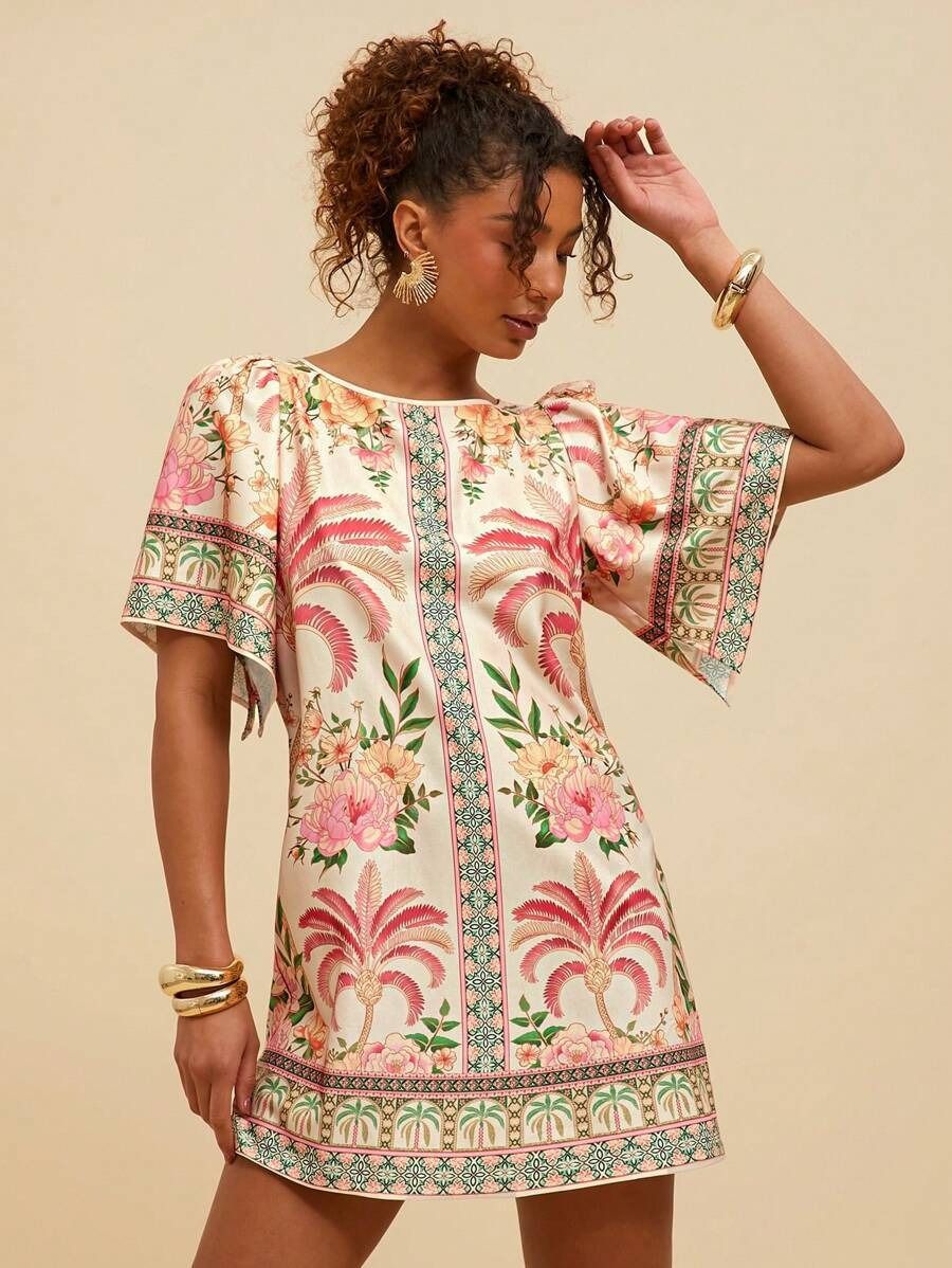 2025 New Style African European & American Fashion Retro Round-neck Flared Short-Sleeved Dress - Printed Summer Loose Dress Floral Pattern Printing Technique Comfortable & Casual Style