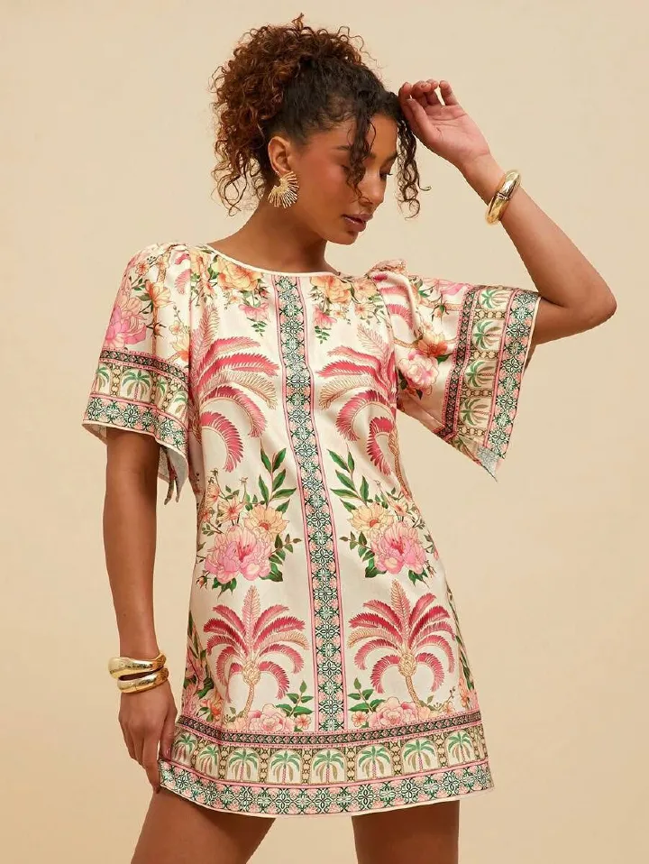 2025 New Style African European & American Fashion Retro Round-neck Flared Short-Sleeved Dress - Printed Summer Loose Dress Floral Pattern Printing Technique Comfortable & Casual Style