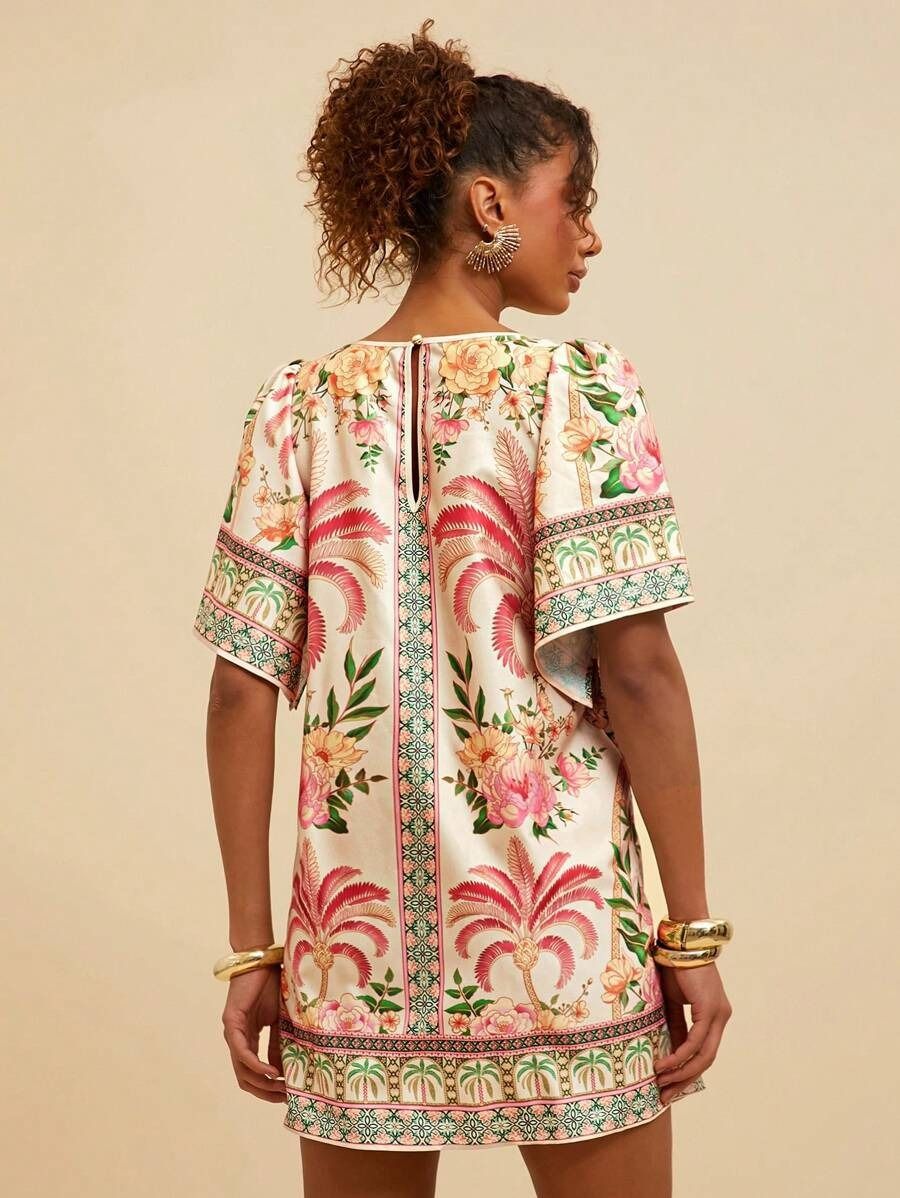 2025 New Style African European & American Fashion Retro Round-neck Flared Short-Sleeved Dress - Printed Summer Loose Dress Floral Pattern Printing Technique Comfortable & Casual Style