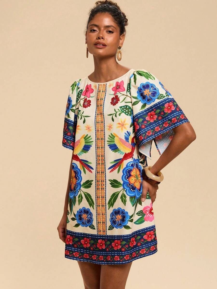 2025 New Style African European & American Fashion Retro Round-neck Flared Short-Sleeved Dress - Printed Summer Loose Dress Floral Pattern Printing Technique Comfortable & Casual Style