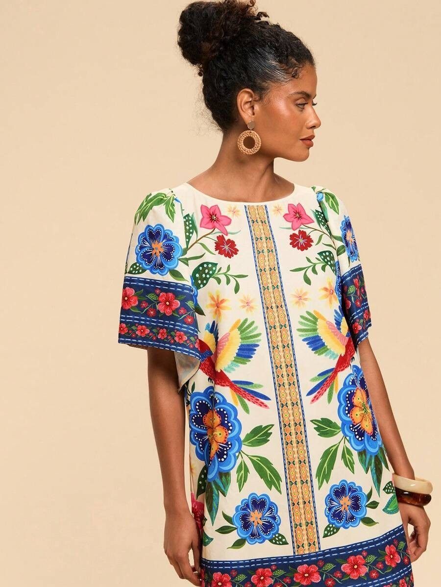 2025 New Style African European & American Fashion Retro Round-neck Flared Short-Sleeved Dress - Printed Summer Loose Dress Floral Pattern Printing Technique Comfortable & Casual Style