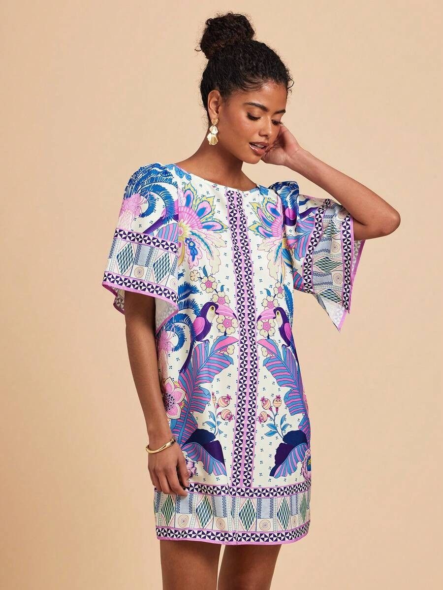 2025 New Style African European & American Fashion Retro Round-neck Flared Short-Sleeved Dress - Printed Summer Loose Dress Floral Pattern Printing Technique Comfortable & Casual Style