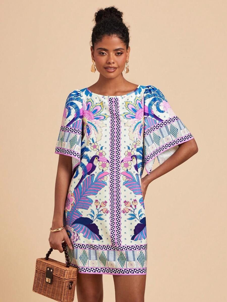 2025 New Style African European & American Fashion Retro Round-neck Flared Short-Sleeved Dress - Printed Summer Loose Dress Floral Pattern Printing Technique Comfortable & Casual Style
