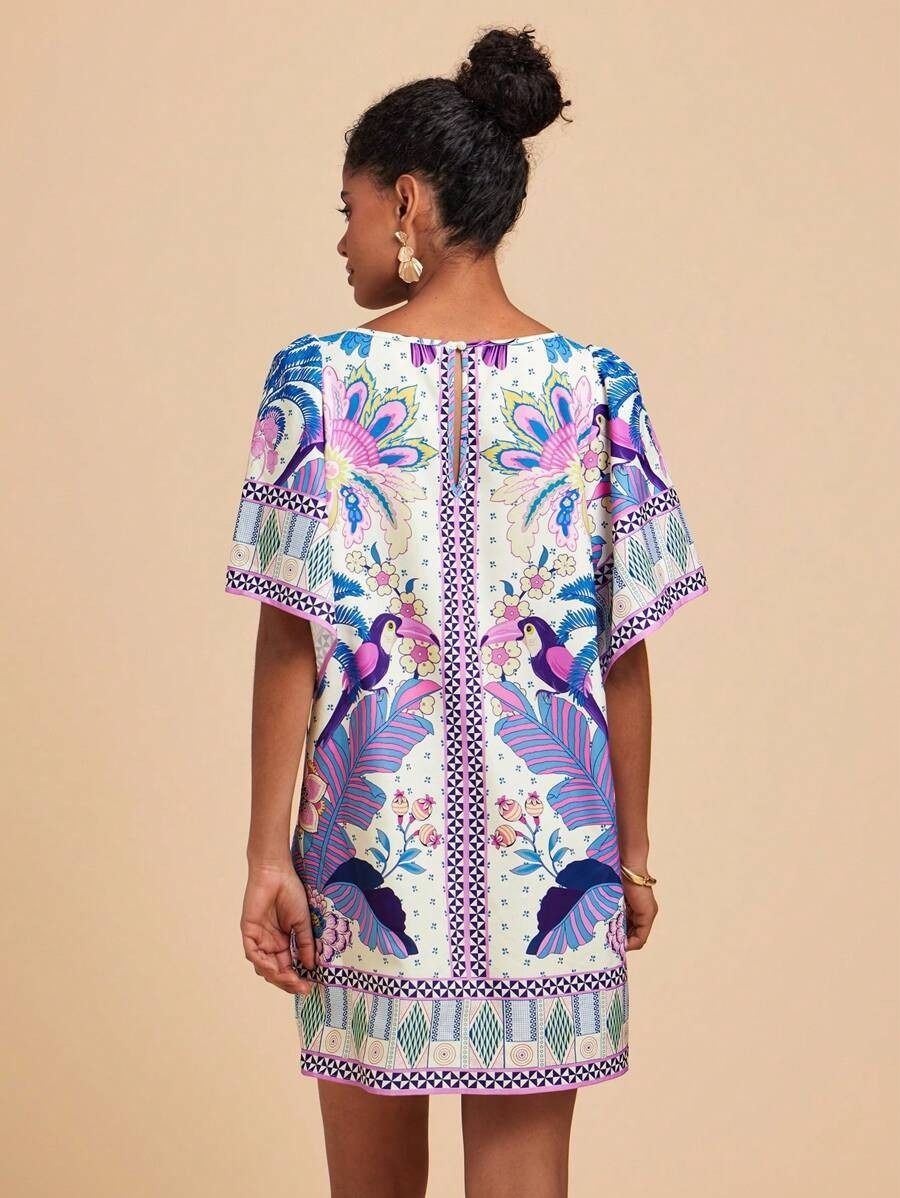 2025 New Style African European & American Fashion Retro Round-neck Flared Short-Sleeved Dress - Printed Summer Loose Dress Floral Pattern Printing Technique Comfortable & Casual Style
