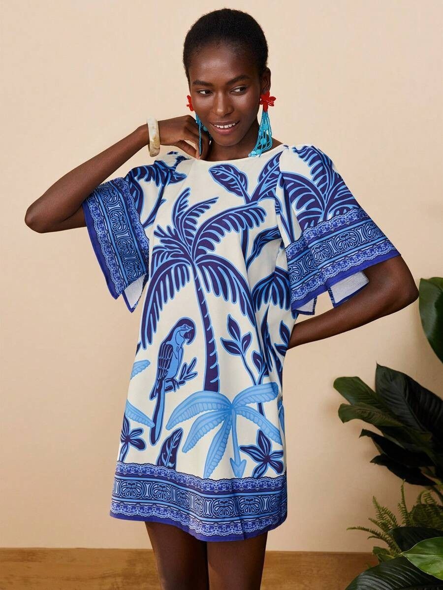 2025 New Style African European & American Fashion Retro Round-neck Flared Short-Sleeved Dress - Printed Summer Loose Dress Floral Pattern Printing Technique Comfortable & Casual Style