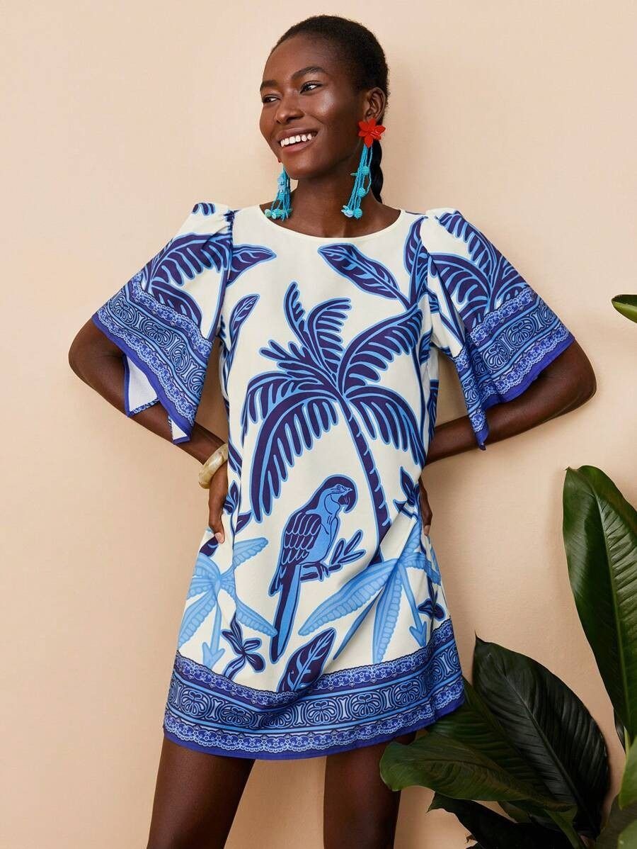 2025 New Style African European & American Fashion Retro Round-neck Flared Short-Sleeved Dress - Printed Summer Loose Dress Floral Pattern Printing Technique Comfortable & Casual Style