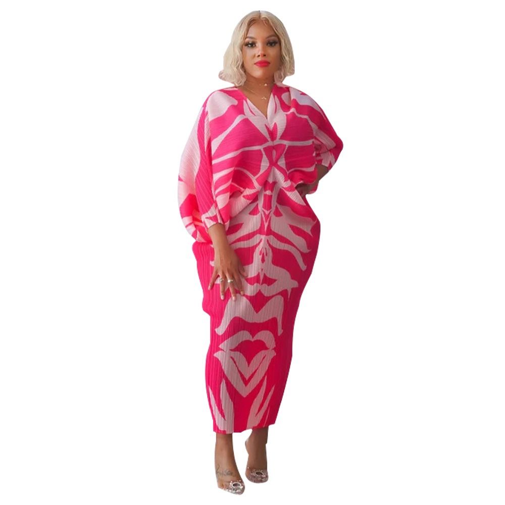 N10263 Independent Station 2025 African European American Women's V-neck Batwing Sleeve Pleated Print Dress - Double Wearable on Both Sides Geometric Pattern Gradient Color Elements Elegant Style