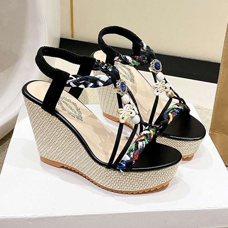 2025 African European American Summer Wedge Slope Heel Sandals Bohemian Style One-Piece Casual Shoes Versatile Fashion Fish-Tip Sandals Large Size Women's Shoes
