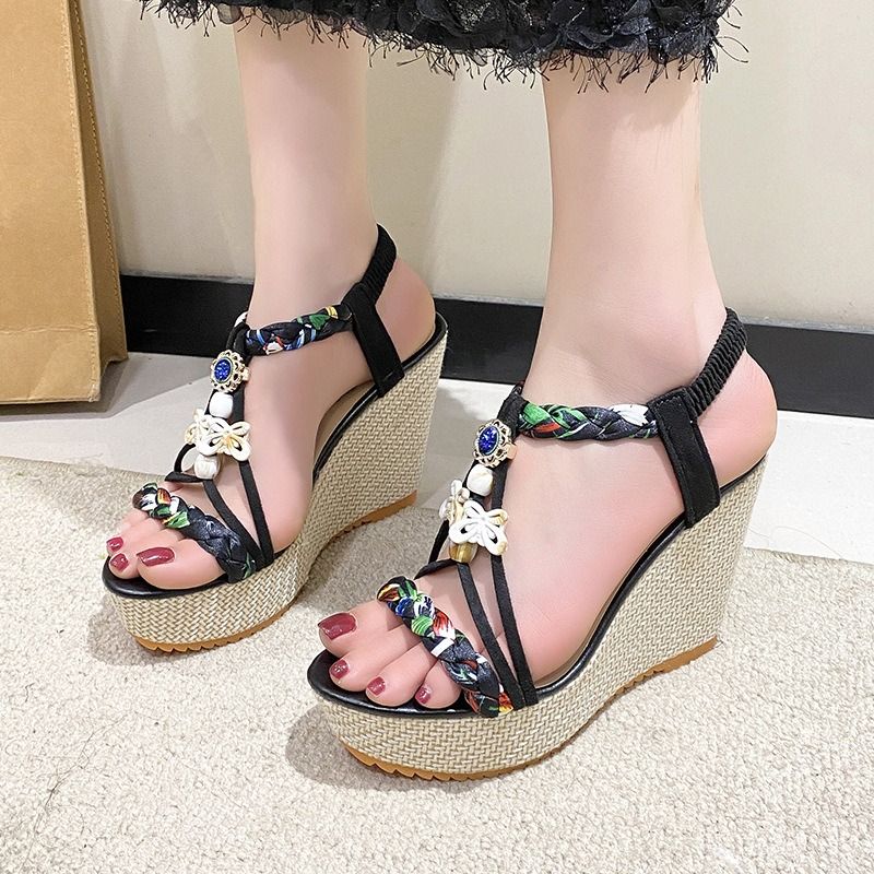 2025 African European American Summer Wedge Slope Heel Sandals Bohemian Style One-Piece Casual Shoes Versatile Fashion Fish-Tip Sandals Large Size Women's Shoes