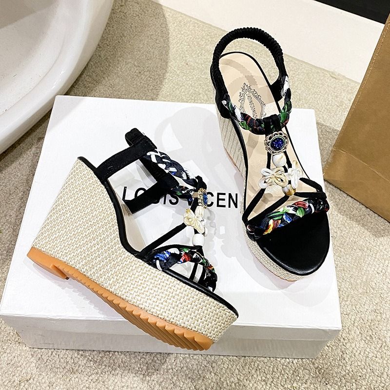 2025 African European American Summer Wedge Slope Heel Sandals Bohemian Style One-Piece Casual Shoes Versatile Fashion Fish-Tip Sandals Large Size Women's Shoes