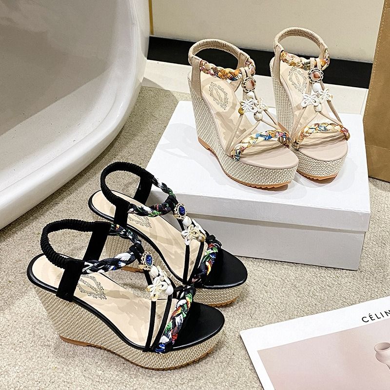 2025 African European American Summer Wedge Slope Heel Sandals Bohemian Style One-Piece Casual Shoes Versatile Fashion Fish-Tip Sandals Large Size Women's Shoes