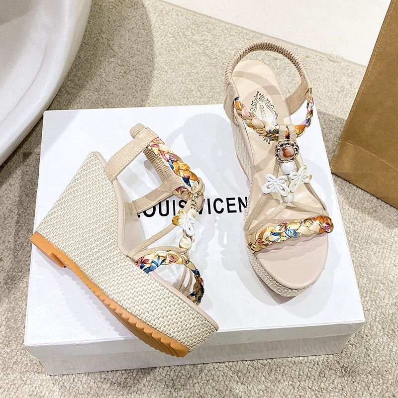 2025 African European American Summer Wedge Slope Heel Sandals Bohemian Style One-Piece Casual Shoes Versatile Fashion Fish-Tip Sandals Large Size Women's Shoes