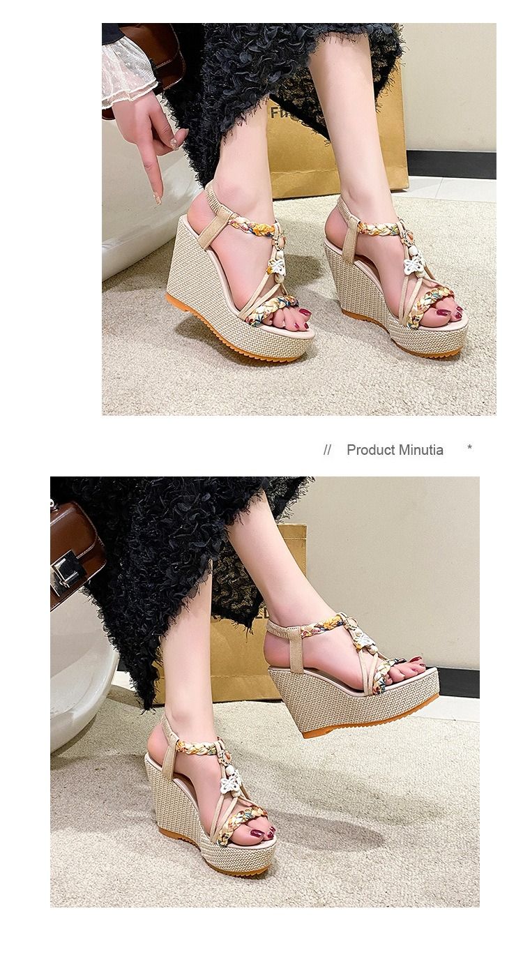 2025 African European American Summer Wedge Slope Heel Sandals Bohemian Style One-Piece Casual Shoes Versatile Fashion Fish-Tip Sandals Large Size Women's Shoes