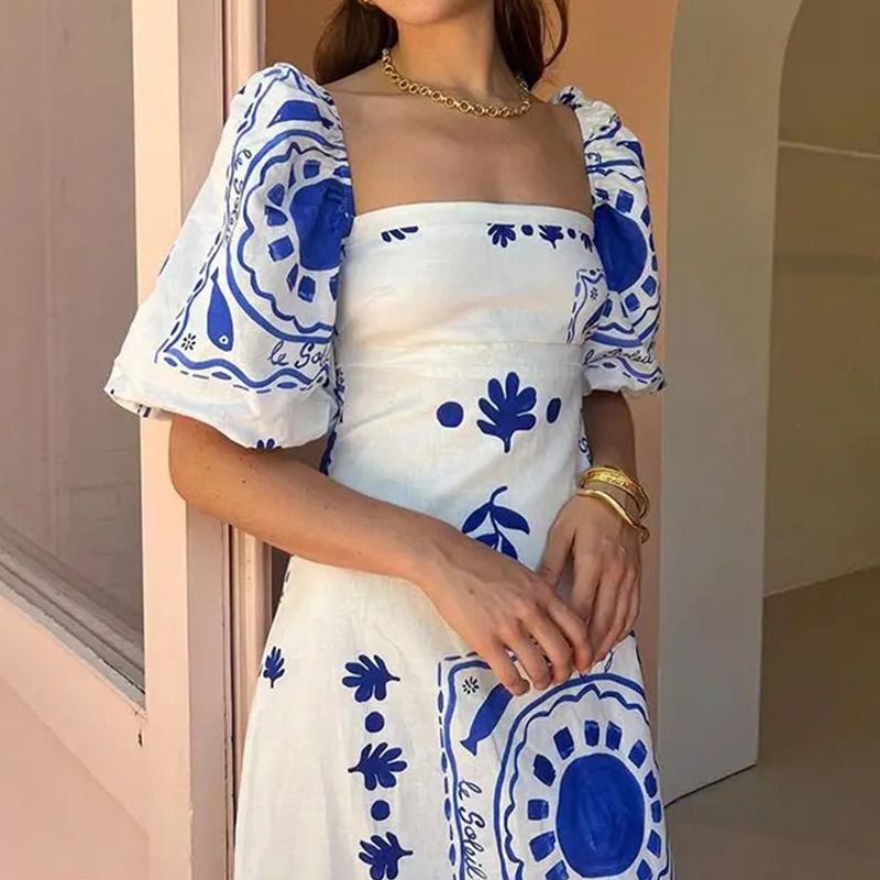 2025 African European American Women's Fashion One-shoulder Printed Bubble Short-sleeved Over-sized Wrap-around Dress  Printed Pattern Fresh & Sweet Elegant Style