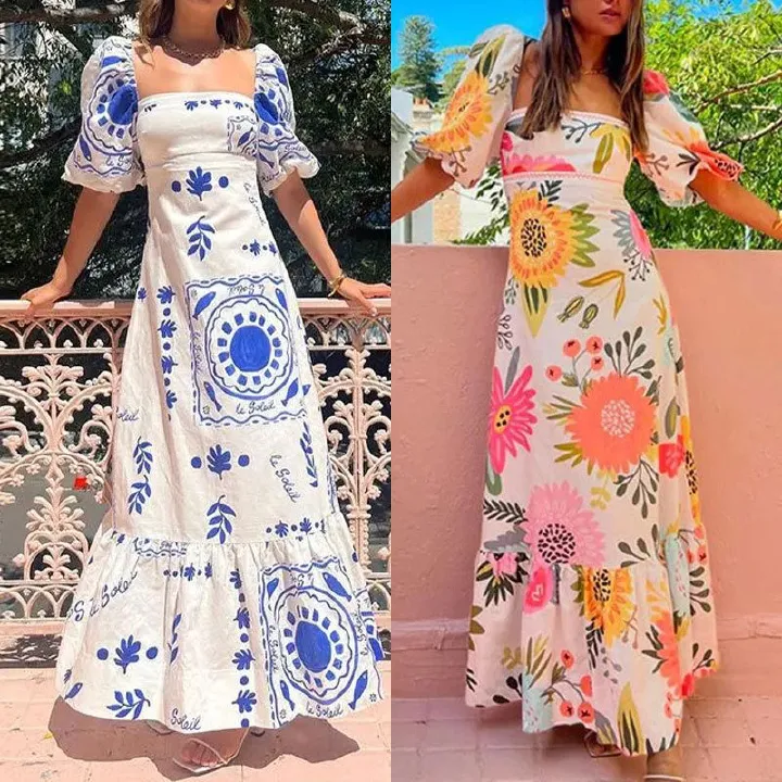 2025 African European American Women's Fashion One-shoulder Printed Bubble Short-sleeved Over-sized Wrap-around Dress  Printed Pattern Fresh & Sweet Elegant Style