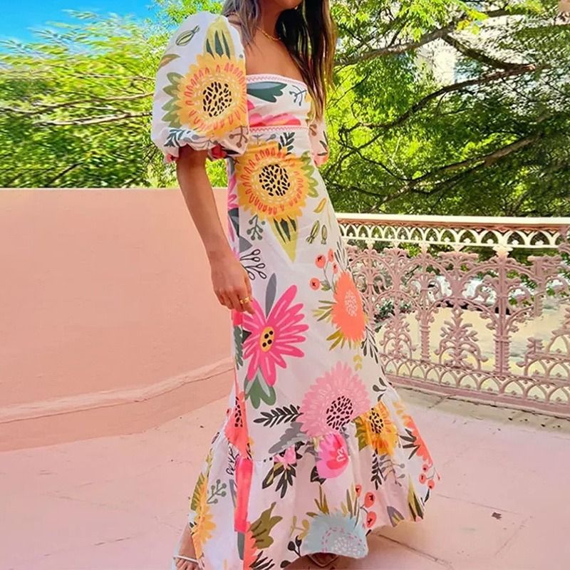 2025 African European American Women's Fashion One-shoulder Printed Bubble Short-sleeved Over-sized Wrap-around Dress  Printed Pattern Fresh & Sweet Elegant Style