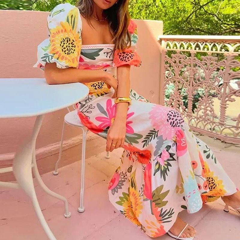 2025 African European American Women's Fashion One-shoulder Printed Bubble Short-sleeved Over-sized Wrap-around Dress  Printed Pattern Fresh & Sweet Elegant Style