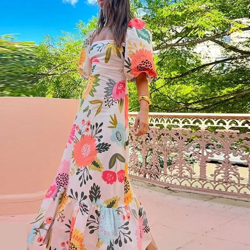 2025 African European American Women's Fashion One-shoulder Printed Bubble Short-sleeved Over-sized Wrap-around Dress  Printed Pattern Fresh & Sweet Elegant Style