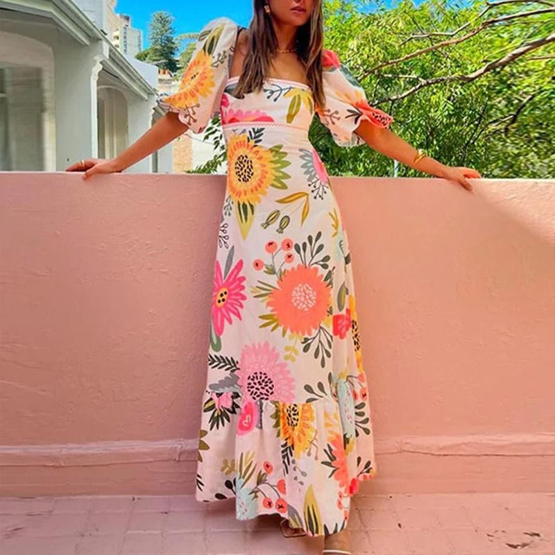 2025 African European American Women's Fashion One-shoulder Printed Bubble Short-sleeved Over-sized Wrap-around Dress  Printed Pattern Fresh & Sweet Elegant Style