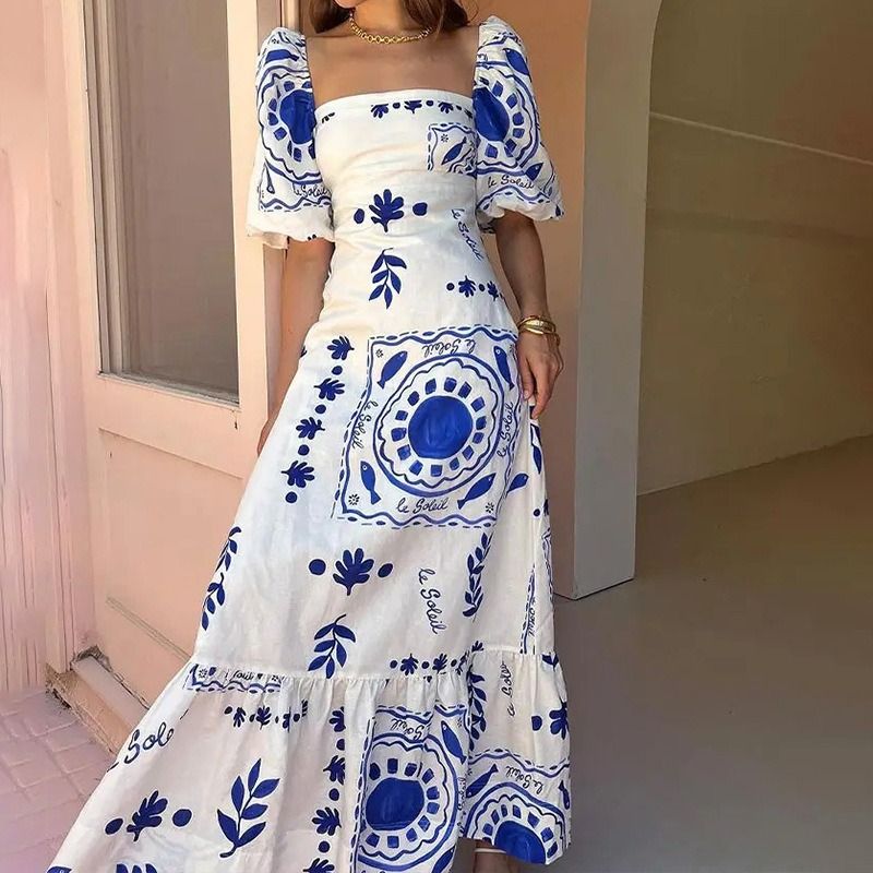 2025 African European American Women's Fashion One-shoulder Printed Bubble Short-sleeved Over-sized Wrap-around Dress  Printed Pattern Fresh & Sweet Elegant Style