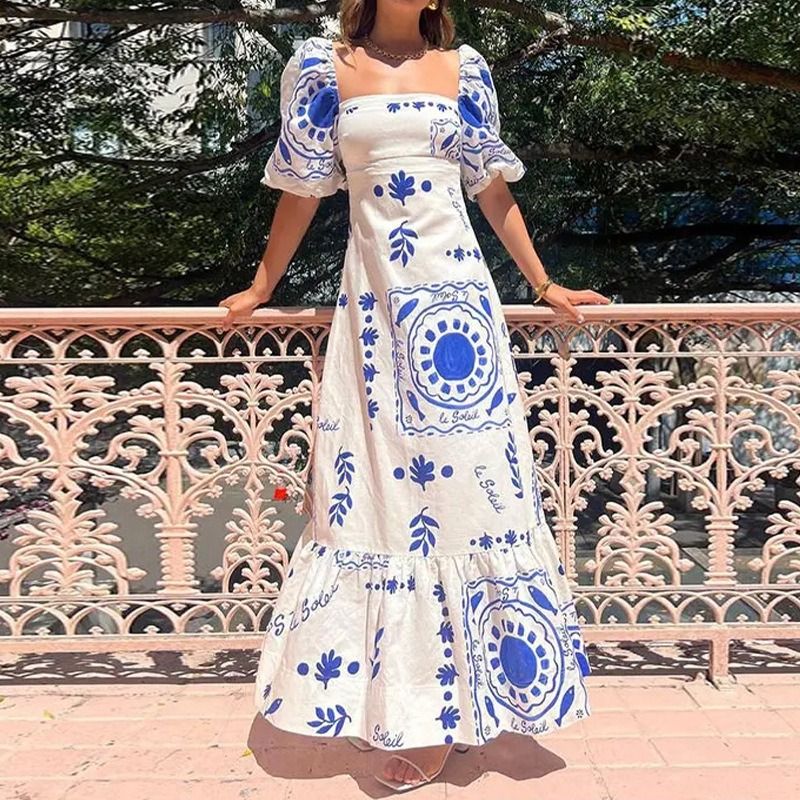 2025 African European American Women's Fashion One-shoulder Printed Bubble Short-sleeved Over-sized Wrap-around Dress  Printed Pattern Fresh & Sweet Elegant Style