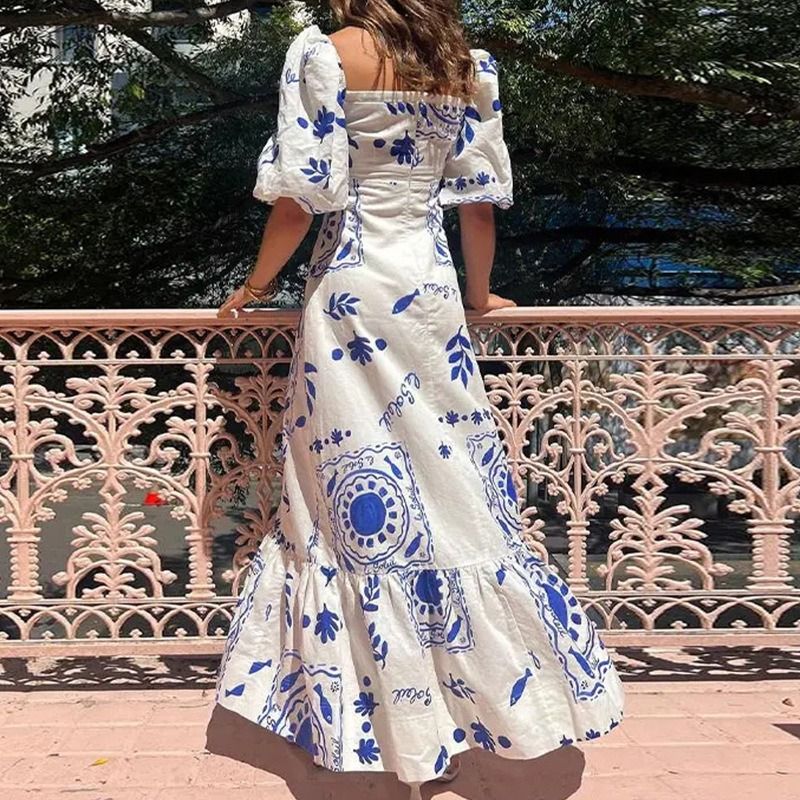 2025 African European American Women's Fashion One-shoulder Printed Bubble Short-sleeved Over-sized Wrap-around Dress  Printed Pattern Fresh & Sweet Elegant Style