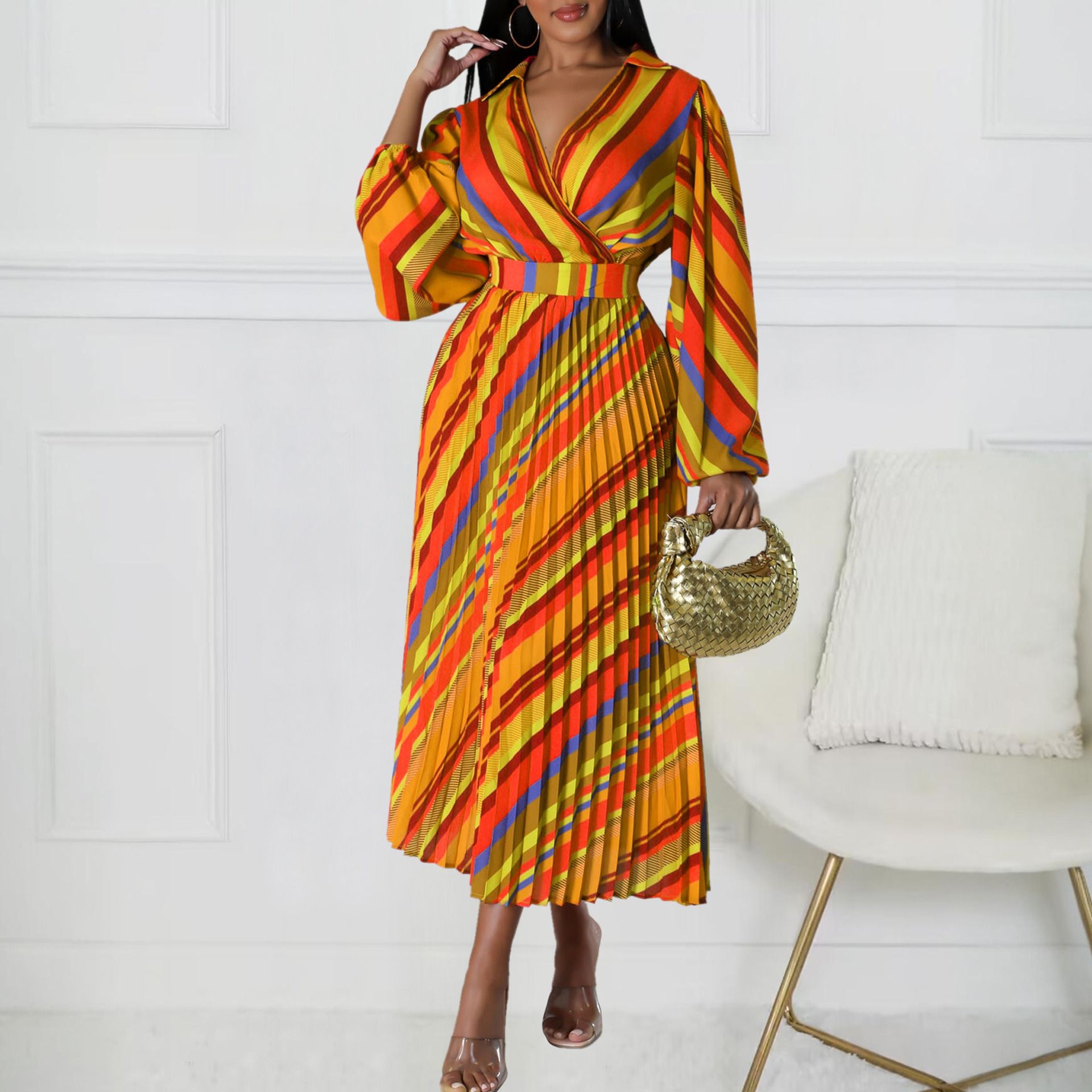 2025 Amazon African European American Summer New Style D500 Women's Fashion Collar Long-Sleeved Sexy Collar Full Skirt Dress Striped Pattern Ruffled Elements Elegant Style
