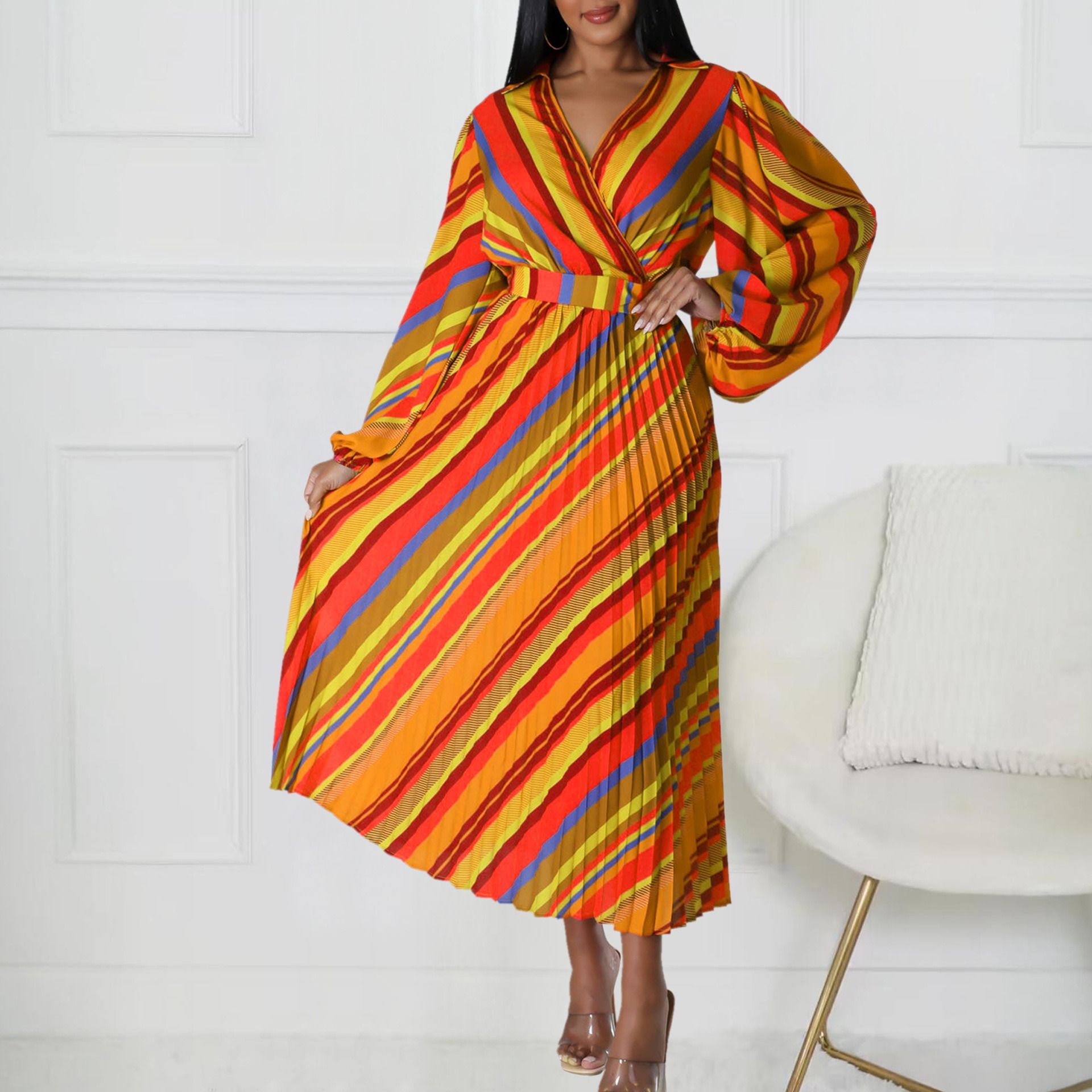 2025 Amazon African European American Summer New Style D500 Women's Fashion Collar Long-Sleeved Sexy Collar Full Skirt Dress Striped Pattern Ruffled Elements Elegant Style