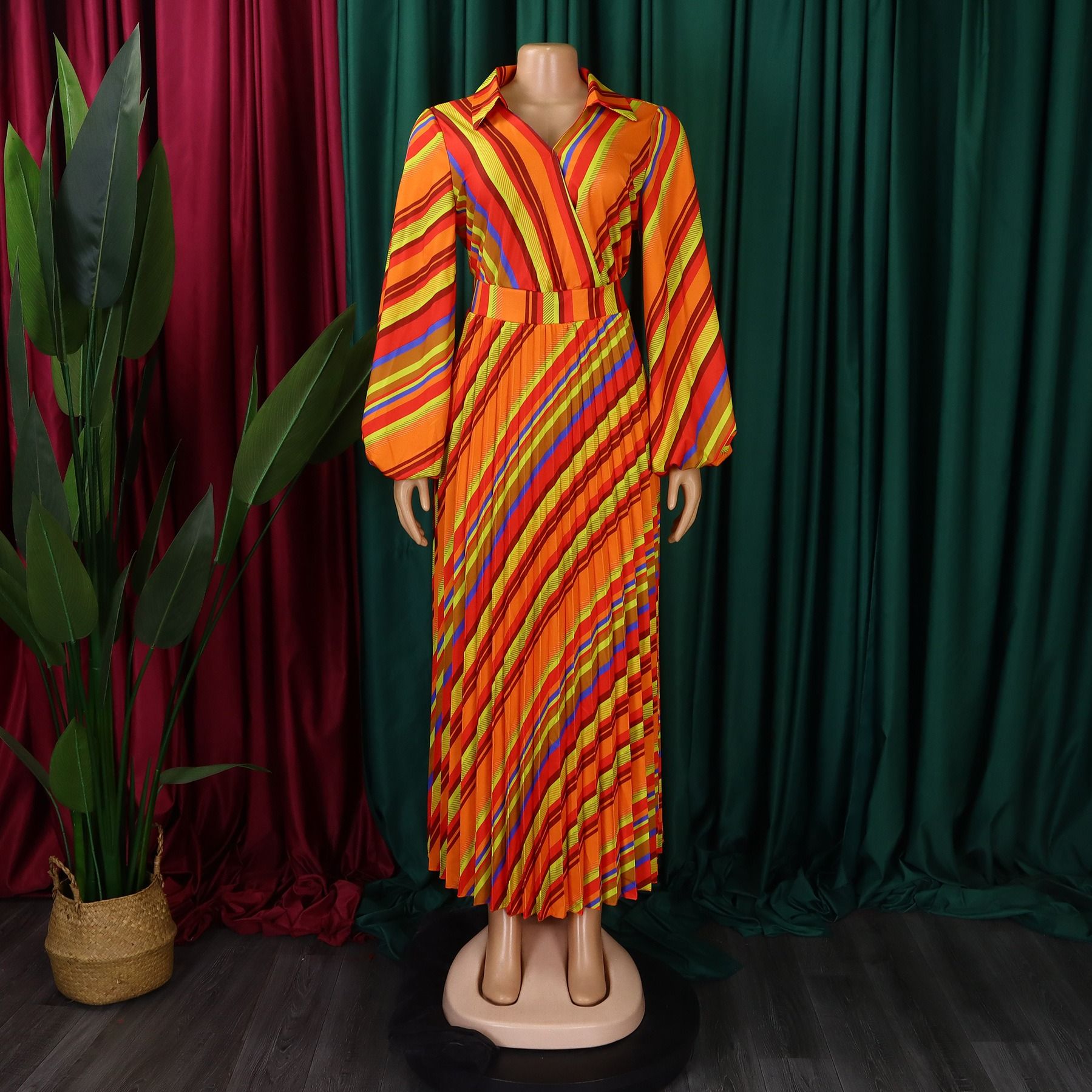 2025 Amazon African European American Summer New Style D500 Women's Fashion Collar Long-Sleeved Sexy Collar Full Skirt Dress Striped Pattern Ruffled Elements Elegant Style