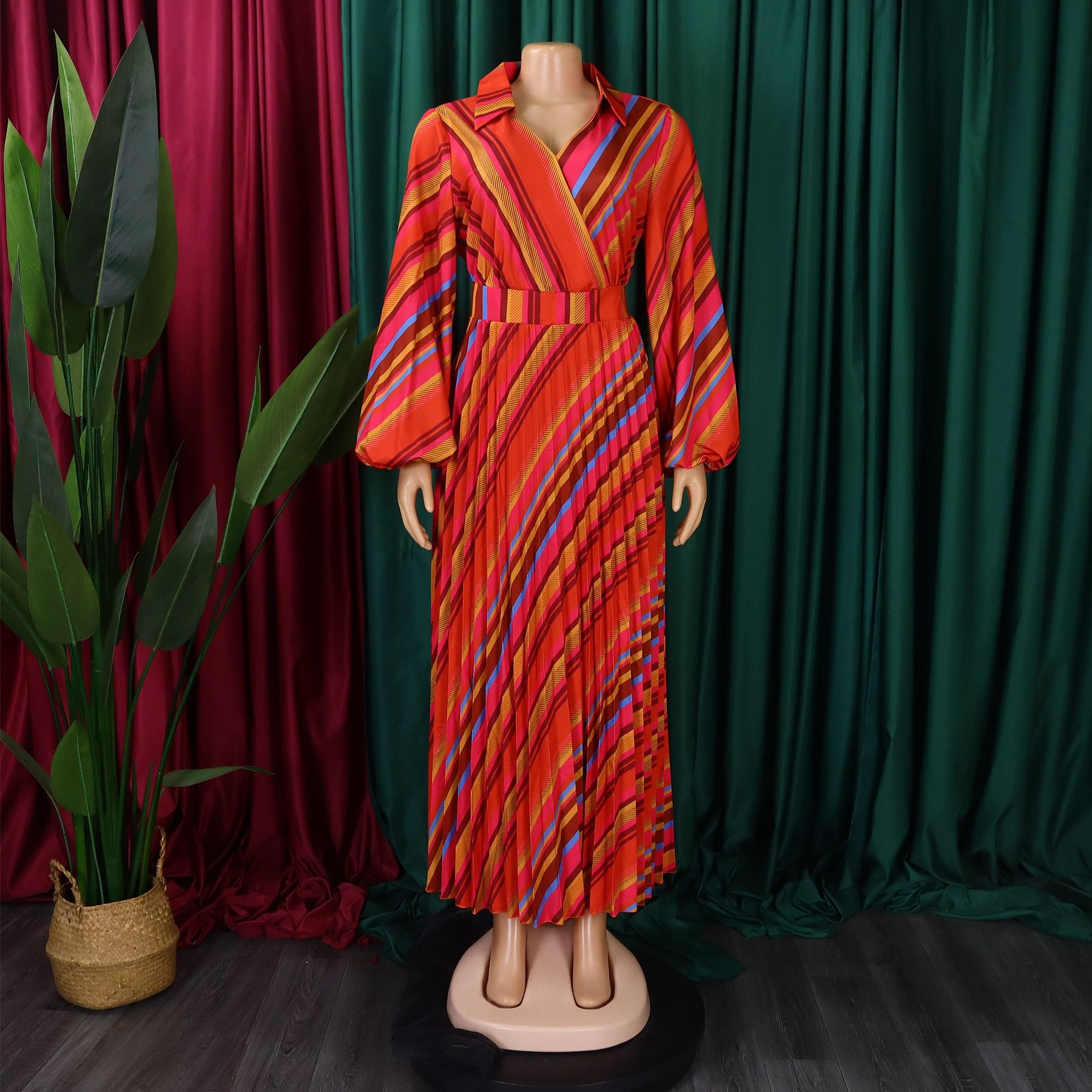 2025 Amazon African European American Summer New Style D500 Women's Fashion Collar Long-Sleeved Sexy Collar Full Skirt Dress Striped Pattern Ruffled Elements Elegant Style