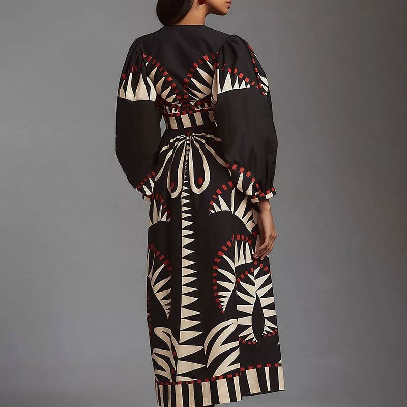 Amazon's 2025 New Style Long Dress Vintage Print Long Sleeves Fashionable V-neck Frilly Sleeves African European American Style Dress women Printed Pattern Technique Button Element Elegant Style