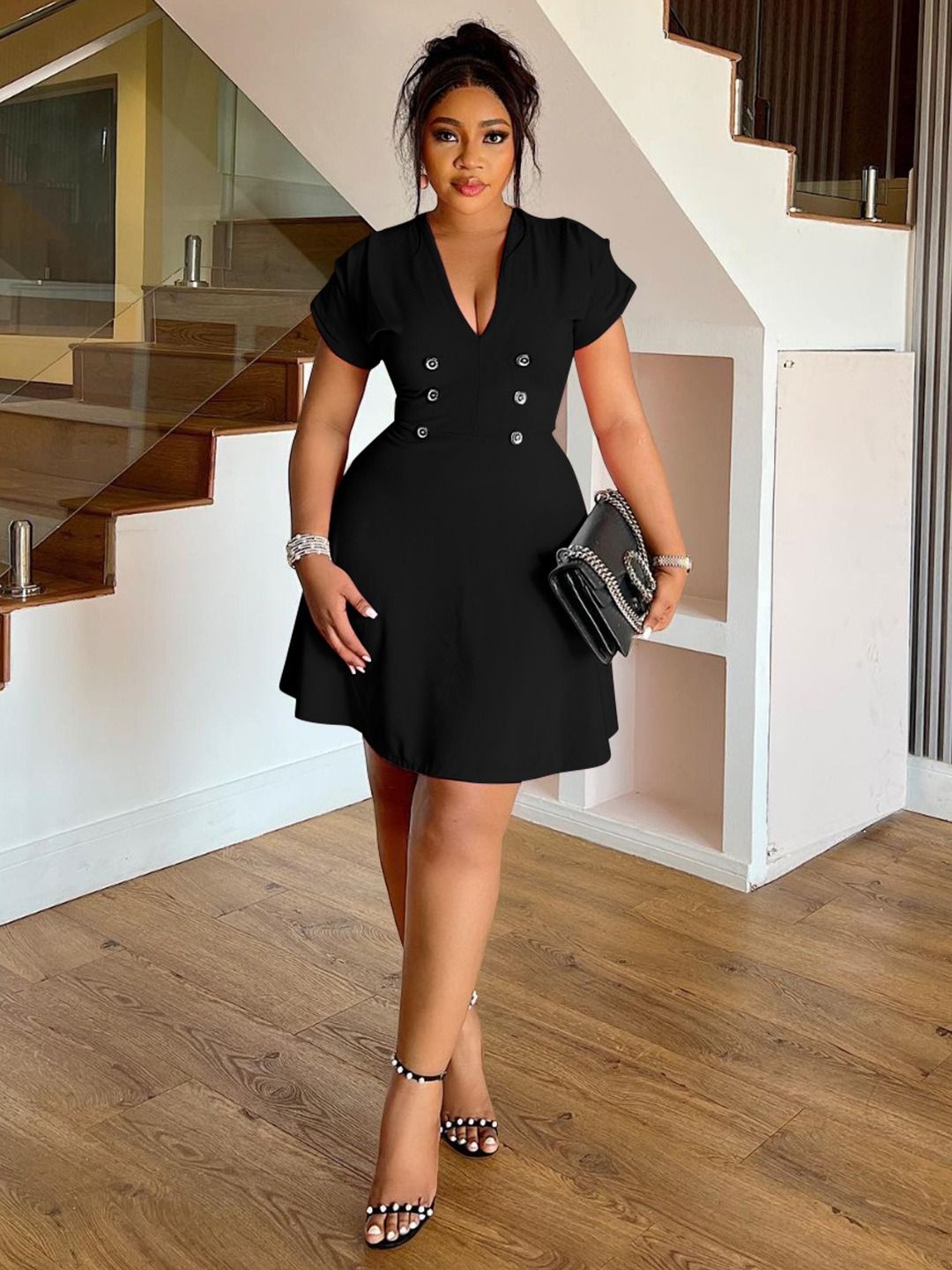 2025 Africa America Europe X6085 Amazon's new elegant women's clothing. Solid color large-size dress gathered sleeves, button elements, and patchwork technique.
Sweet and Fresh Style
