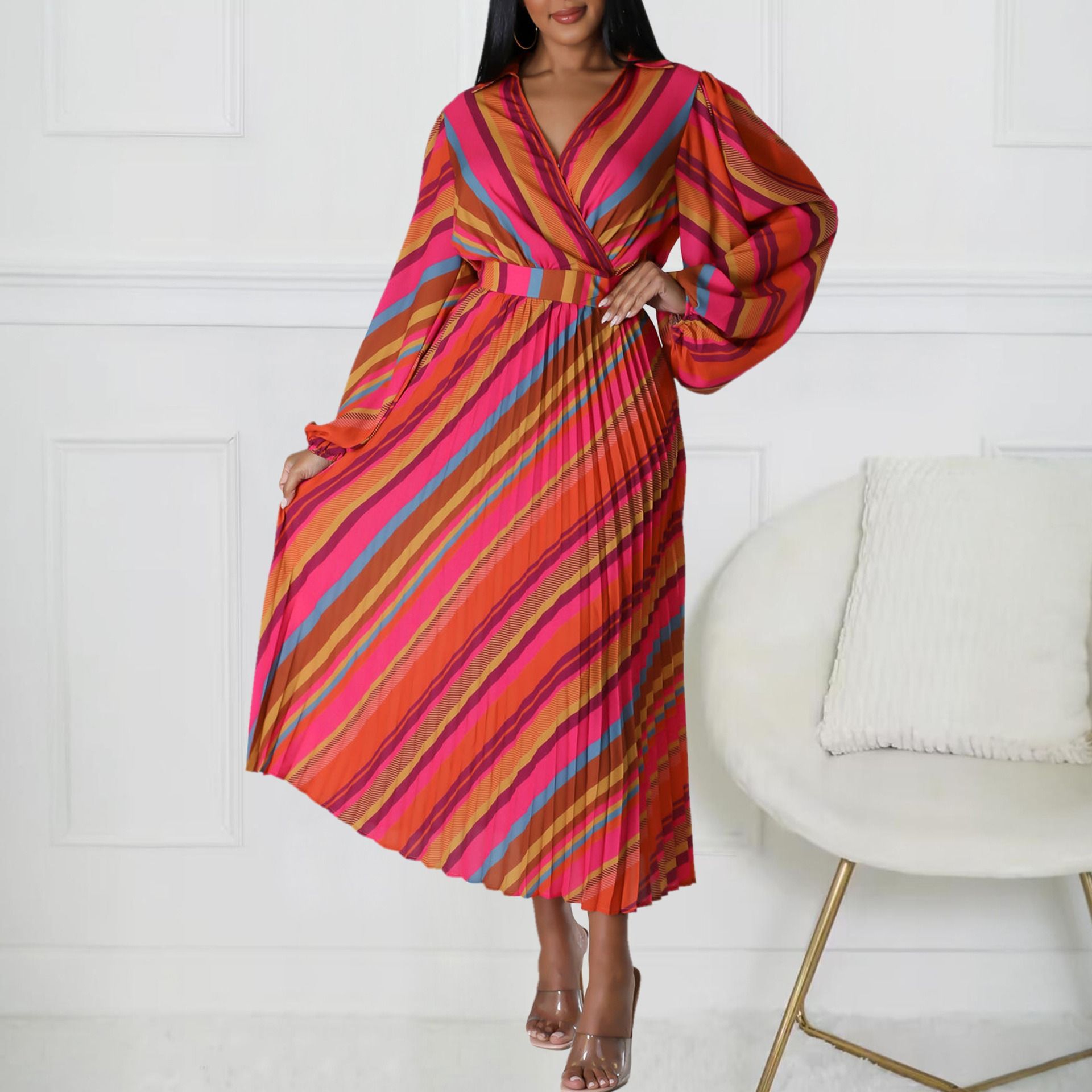 2025 Amazon African European American Summer New Style D500 Women's Fashion Collar Long-Sleeved Sexy Collar Full Skirt Dress Striped Pattern Ruffled Elements Elegant Style