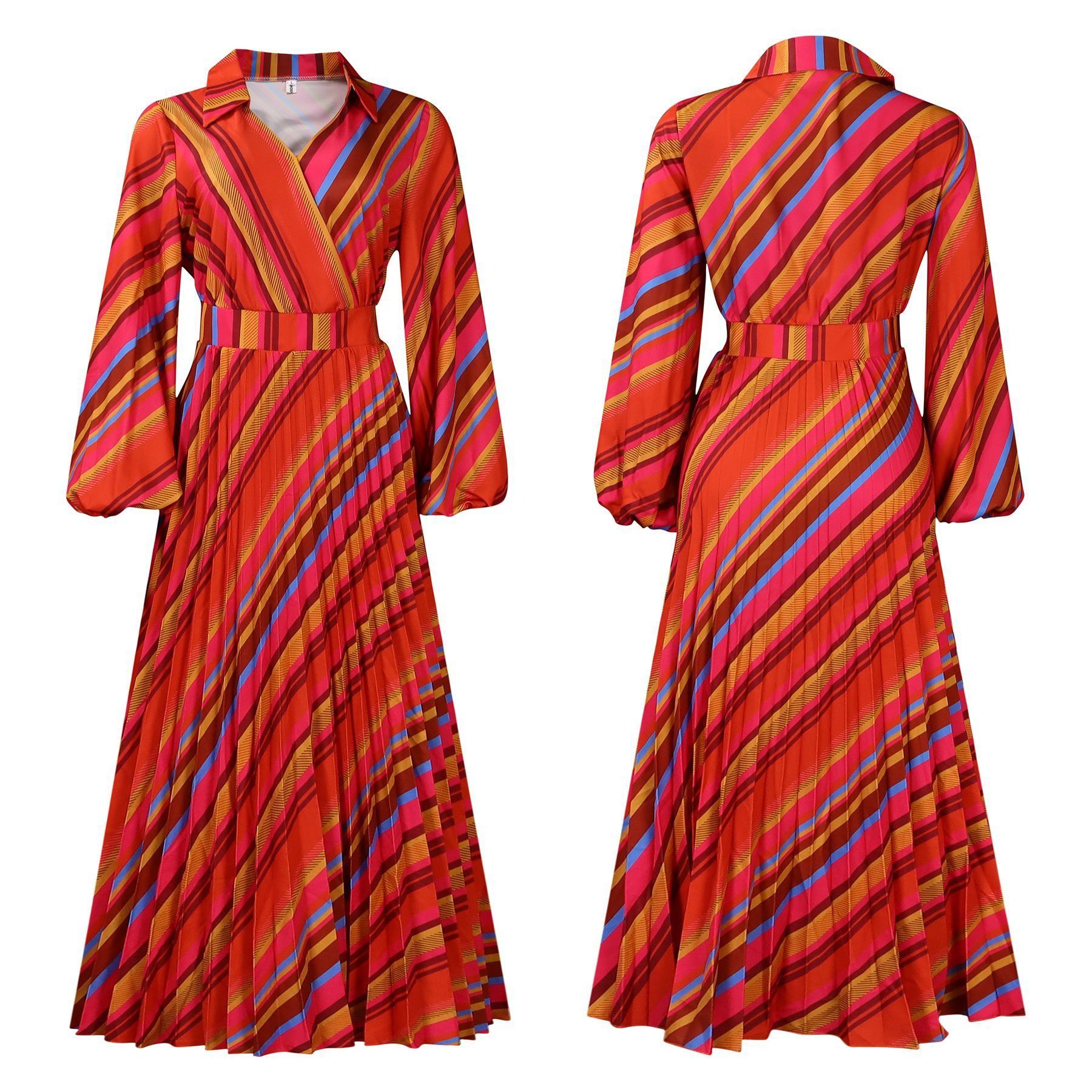 2025 Amazon African European American Summer New Style D500 Women's Fashion Collar Long-Sleeved Sexy Collar Full Skirt Dress Striped Pattern Ruffled Elements Elegant Style