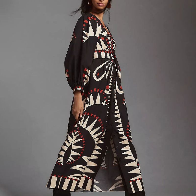 Amazon's 2025 New Style Long Dress Vintage Print Long Sleeves Fashionable V-neck Frilly Sleeves African European American Style Dress women Printed Pattern Technique Button Element Elegant Style