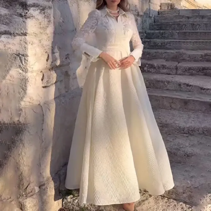 2025 New Style African European  American White Front Corsage Lace Chiffon Vintage-style Long-sleeved Fashionable Slim-fit Evening Dress Featuring 3D Pattern Elements Elegant Stylish Style
