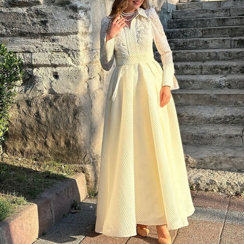 2025 New Style African European  American White Front Corsage Lace Chiffon Vintage-style Long-sleeved Fashionable Slim-fit Evening Dress Featuring 3D Pattern Elements Elegant Stylish Style