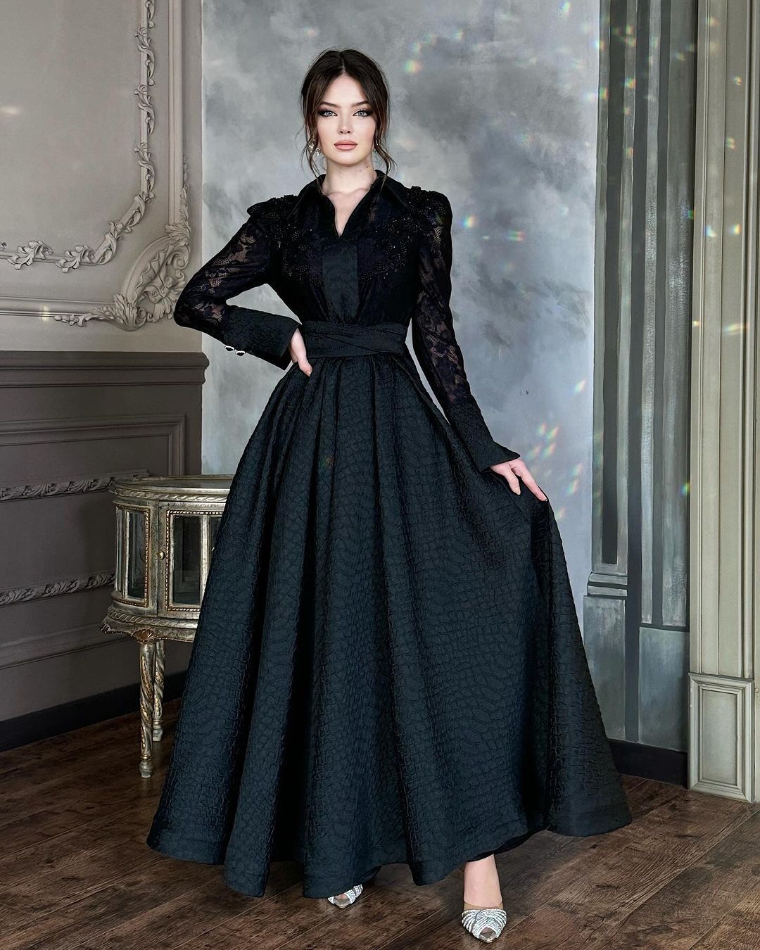 2025 New Style African European  American White Front Corsage Lace Chiffon Vintage-style Long-sleeved Fashionable Slim-fit Evening Dress Featuring 3D Pattern Elements Elegant Stylish Style