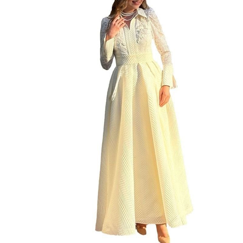 2025 New Style African European  American White Front Corsage Lace Chiffon Vintage-style Long-sleeved Fashionable Slim-fit Evening Dress Featuring 3D Pattern Elements Elegant Stylish Style