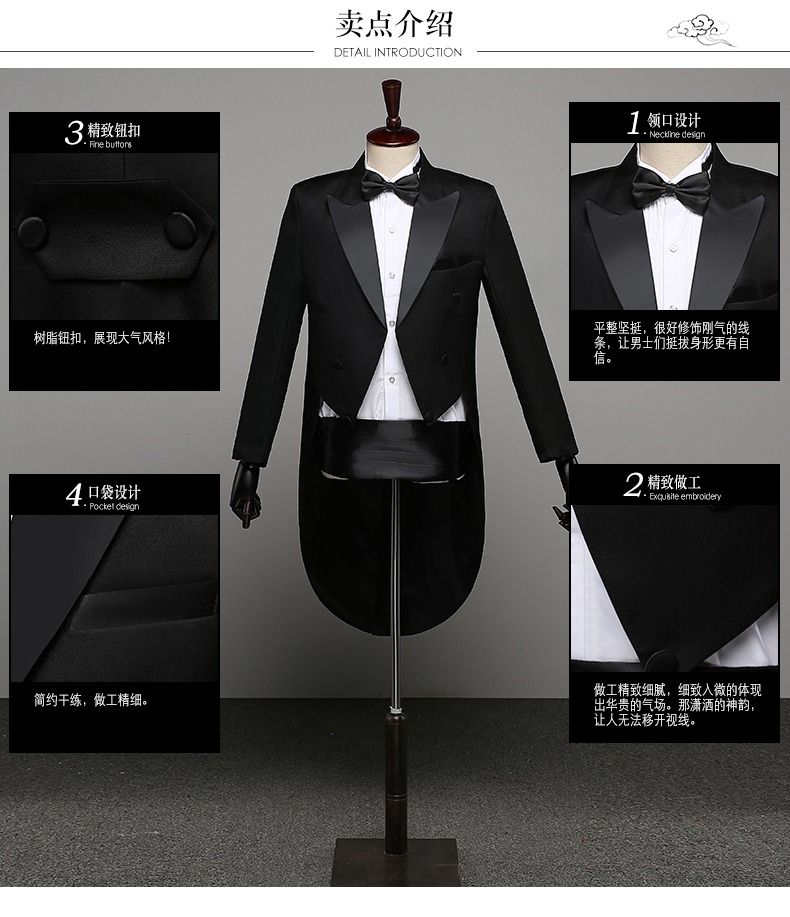 2025 African Men's Formal Suits Black Tailcoats Christmas Costumes Magic Performance Outfits Jazz Formal Wear Dance Competition Double Row Three-button Top+Trousers+Waistband+Bow Tie 4-Piece Set