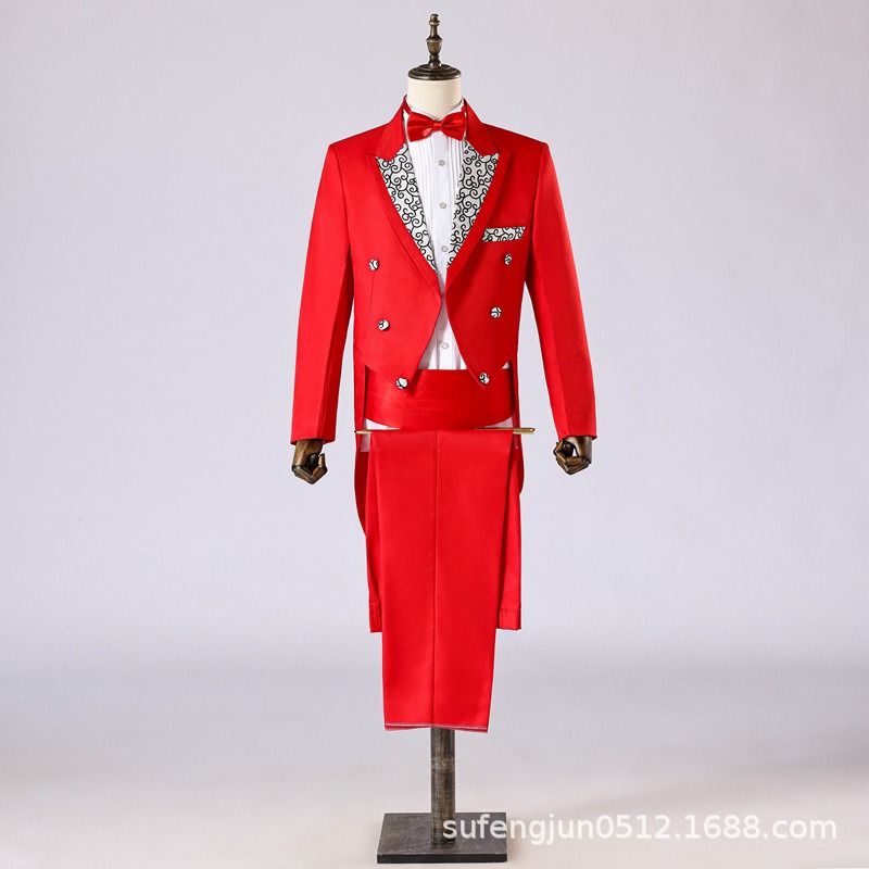 2025 African Men's Formal Suits Black Tailcoats Christmas Costumes Magic Performance Outfits Jazz Formal Wear Dance Competition Double Row Three-button Top+Trousers+Waistband+Bow Tie 4-Piece Set