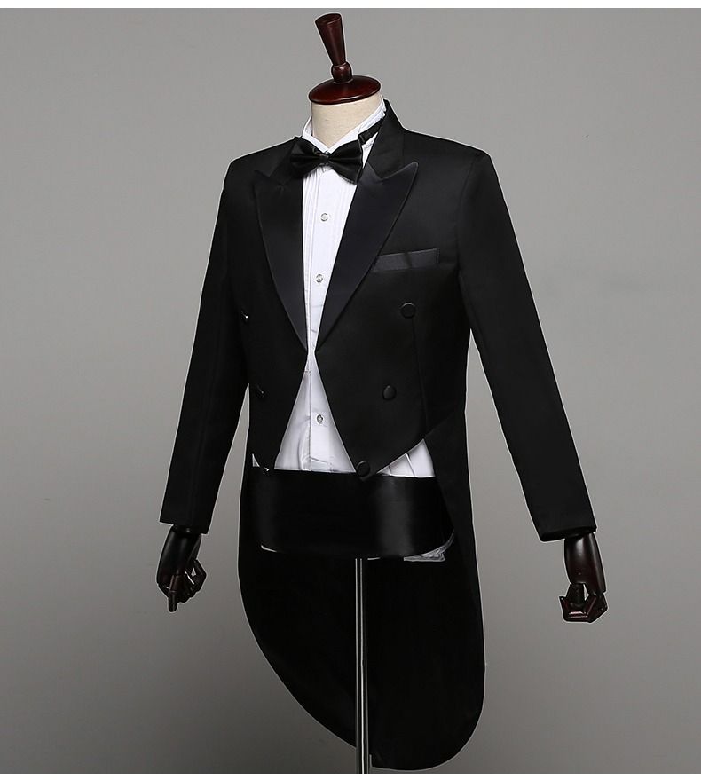 2025 African Men's Formal Suits Black Tailcoats Christmas Costumes Magic Performance Outfits Jazz Formal Wear Dance Competition Double Row Three-button Top+Trousers+Waistband+Bow Tie 4-Piece Set