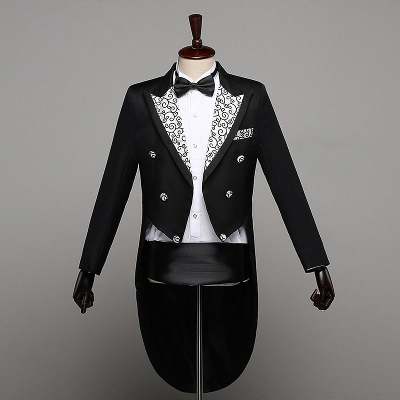 2025 African Men's Formal Suits Black Tailcoats Christmas Costumes Magic Performance Outfits Jazz Formal Wear Dance Competition Double Row Three-button Top+Trousers+Waistband+Bow Tie 4-Piece Set